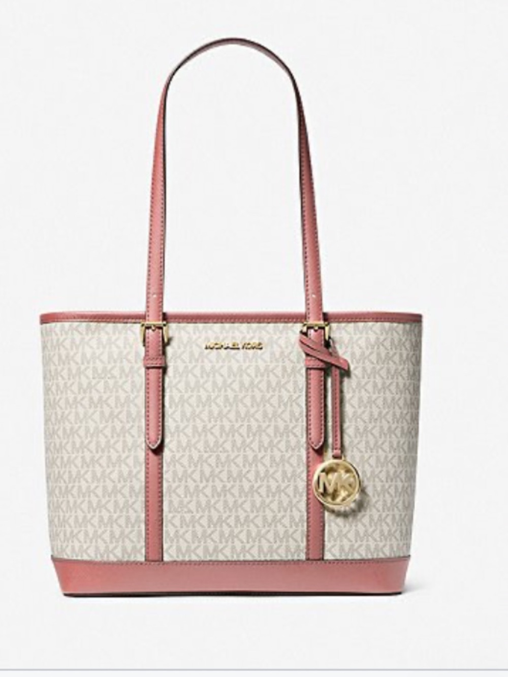 Michael Kors Cream Signature Tote with Pink Trim
